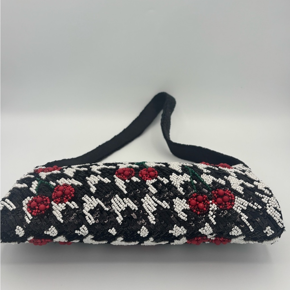 Black Beaded Houndstooth Shoulder Bag - Red Cherry Motif - Made in India - Picture 5 of 10
